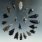 Set of 20 assorted mostly obsidian arrowheads found in Nevada, largest is 1 3/16