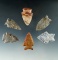 Set of six assorted Midwestern arrowheads, largest is 1 13/16