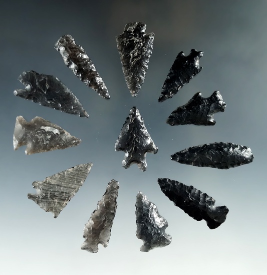 Set of 12 mostly obsidian assorted arrowheads found in Lake Co.,  Oregon. Largest is 1 1/8".