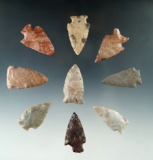 Set of nine assorted Midwestern arrowheads, largest is 1 7/8