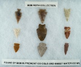 Set of 9 assorted arrowheads found by Bob Roth in Colorado & Wyoming. Largest is 1 3/8