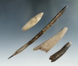 Set of four bone and antler projectiles and tools found at a site in Kentucky. Largest is 5 1/8