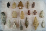 Set of 17 assorted Kansas area arrowheads and knives, largest is 3 1/8