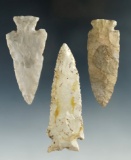 Set of three flint Knives found in Illinois/Missouri area, largest is 3 1/2