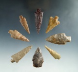 Set of eight assorted arrowheads found in the Western U. S. Largest is 2 1/4