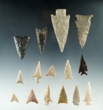 Set of 15 assorted arrowheads, bird points and knives found in Texas, largest is 2 13/16