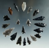 Set of 20 assorted mostly obsidian arrowheads found in Nevada, largest is 1 3/16