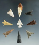 Set of nine assorted arrowheads found in the Western U. S. Largest is 1