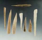 Set of eight bone awls from the Schultz site in Nebraska. Largest is 4 1/2