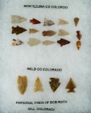Set of 19 assorted arrowheads found by Bob Roth in Montezuma, Weld, and Gil Co.'s Colorado.