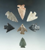 Set of seven assorted arrowheads, largest is 1 3/4