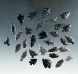 Set of 30 assorted obsidian arrowheads found in Nevada, largest is 1