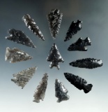 Set of 12 mostly obsidian assorted arrowheads found in Lake Co.,  Oregon. Largest is 1 1/8