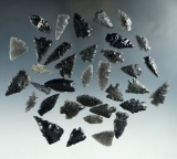 Set of 35 obsidian arrowheads found in Nevada, largest is 1 1/4