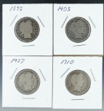 4 Barber Silver Quarters 1892, 1903, 1907 and1910 G