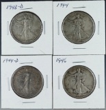 4 Walking Liberty Silver Half Dollars 1943-D, 1944, 1944-D and 1946 VF