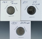 1865 and 2-1871 Three Cent Nickels G-VF Details