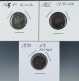 1865, 1866 and 1870 Three Cent Nickels G-VG Details Environmental Damage