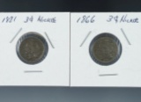 1866 VF and 1881 VF Damaged Three Cent Nickels