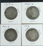 4 Barber Silver Half Dollars 1908-O, 1909-O, 1911-S and 1912 G