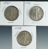 3 Walking Liberty Silver Half Dollars 1941, 1943 and 1945 XF