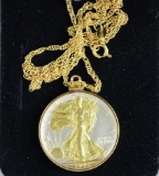 1943 Walking Liberty Silver Half Dollar with Gold High Lite in Bezel with Gold Tone Chain