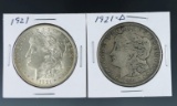 1921 and 1921-D Morgan Silver Dollars VF-AU+