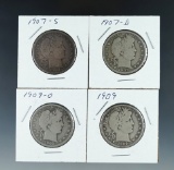 4 Barber Half Dollars 1907-D, 1907-S, 1909 and 1909-O G+