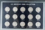 1941-1945 Mercury Dime Set 15 Different Coins in Holder VG-VF