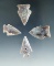 Set of 4 highly patinated arrowheads found in the Plains region, largest is 1 1/8