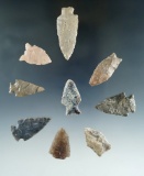 Set of 9 Assorted arrowheads found in the Plains region, largest is 1 11/16