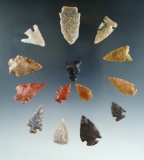 Set of 14 assorted arrowheads found by Bob Knowlton in Mesa Co., Colorado. Largest is 1 5/16