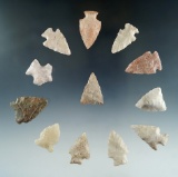 Set of 12 Assorted Arrowheads found in various locations, largest is 1 1/4