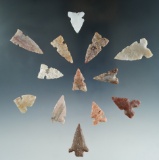 Set of 13 assorted Plains area arrowheads, largest is 1 3/16