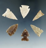 Set of 6 arrowheads found in Nebraska and Kansas, largest is 1 1/16