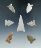 Set of 7 arrowheads found in Walworth Co., South Dakota. Ex. Bob Roth. Largest is 1 3/8