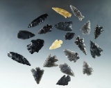 Set of 20 assorted obsidian arrowheads found in Nevada, largest is 1 7/16
