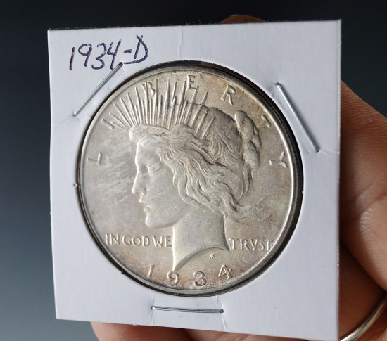 1934-D Peace Silver Dollar AU 58