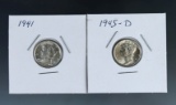 Nice 1941 and 1945-D Mercury Silver Dimes BU