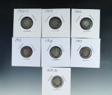 1903-O, 1904, 1906,1912, 1913, 1914 and 1914-D Barber Silver Dimes G-VF