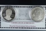 1998 Robert Kennedy Commemorative 2 Piece Set Proof and Uncirculated Silver Dollars - Orig Box w/ CO