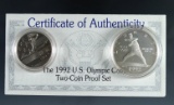 1992 Olympic 2 Piece Proof Set in Original Box with COA