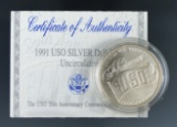 1991-D USO 50th Anniversary Uncirculated Commemorative Silver Dollar in Original Box with COA