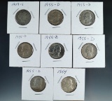 8 Silver Quarters 1909-S VG Details Barber 6-1955-D and 1964 Washington AU_BU