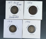 1864 2 Cent Piece G, Silver Bust Dime Damaged Holes, 1913 Barber Dime G and 1944 Mercury Dime VF