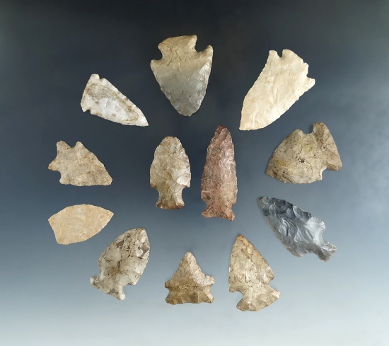 Group of 12 assorted arrowheads, largest is 2".