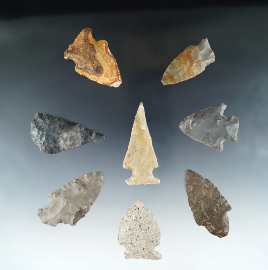 Set of 8 assorted arrowheads, largest is 2 3/8".