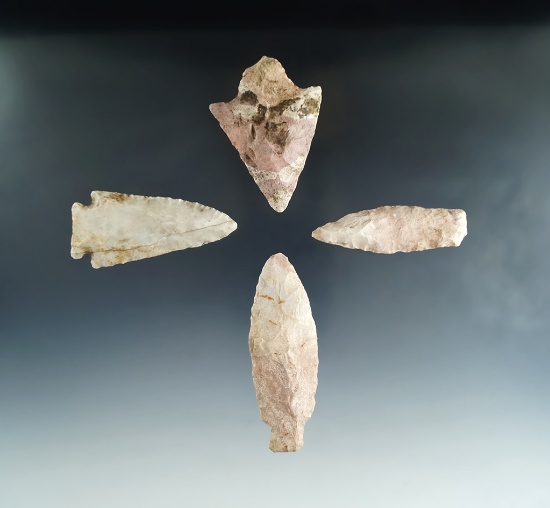 Set of four assorted Missouri arrowheads, largest is 2 7/8".