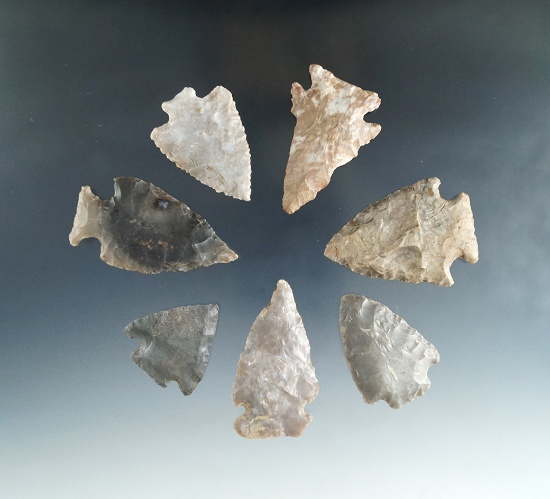 Set of seven assorted Kentucky arrowheads, largest is 2 1/16".