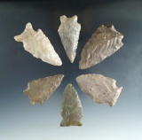Set of six assorted Kentucky arrowheads, largest is 2 7/16
